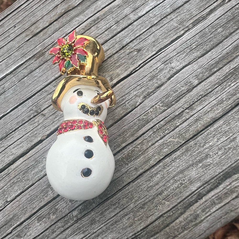 Christopher Radko Snowman Brooch/Pendant Goldtone Enamel And Rhinestone 2” Ht.